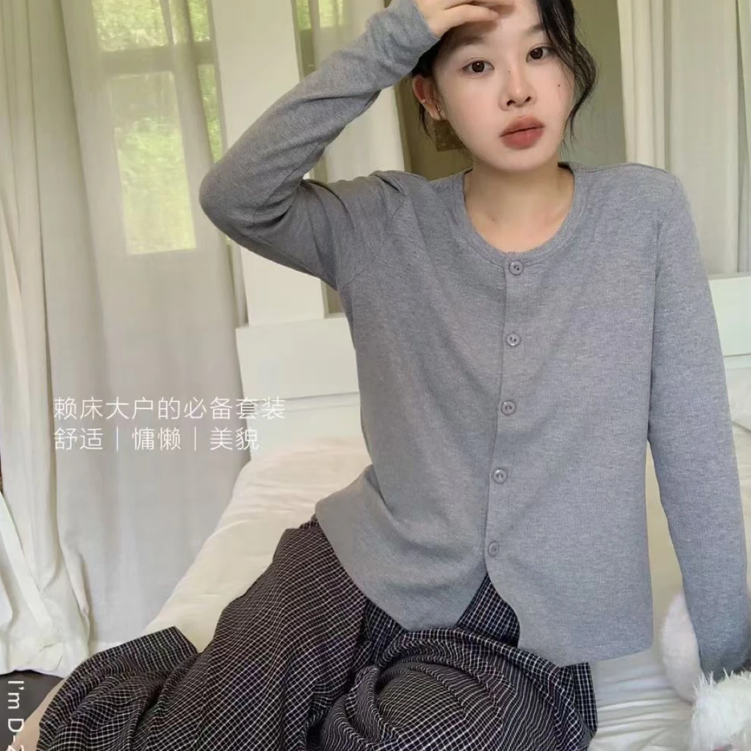 杜小宅慵懒范宽松休闲格子家居服睡衣套装25155