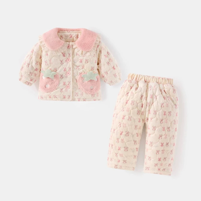 女童三层夹棉睡衣秋冬款2025新款宝宝冬季小童加绒儿童冬装家居服