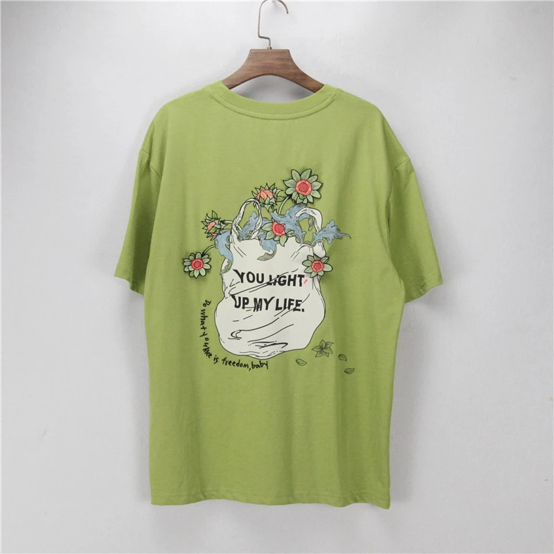 町家剪标后背立体花朵图案上衣夏季新款双色宽松T恤潮C1DAC2305