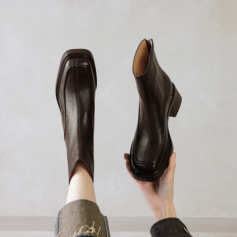 5CM，头层羊皮粗跟高跟靴秋冬新款绒里英伦风马丁靴百秋冬羊皮粗跟