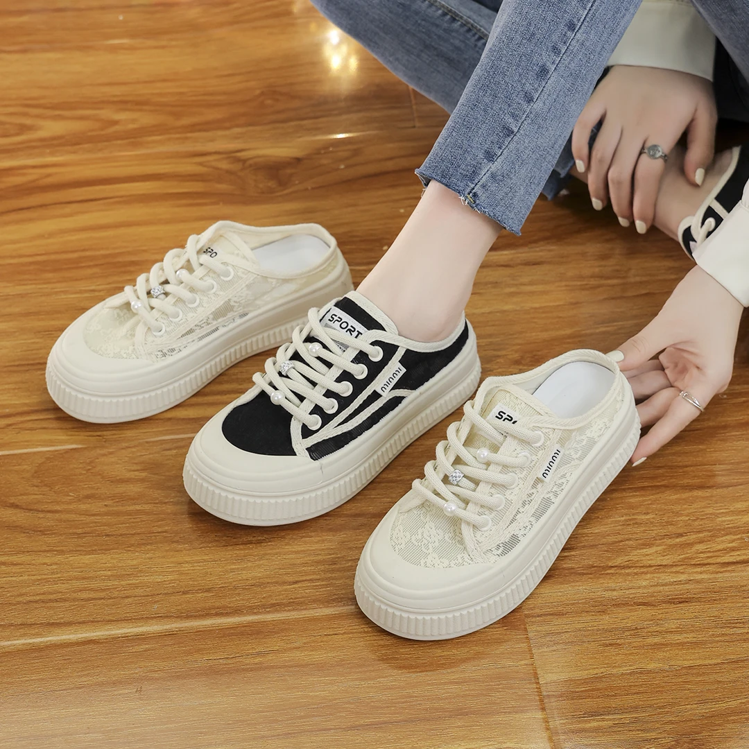 2025春夏季新款蕾丝帆布半拖女外穿厚底包头无后跟半托女鞋