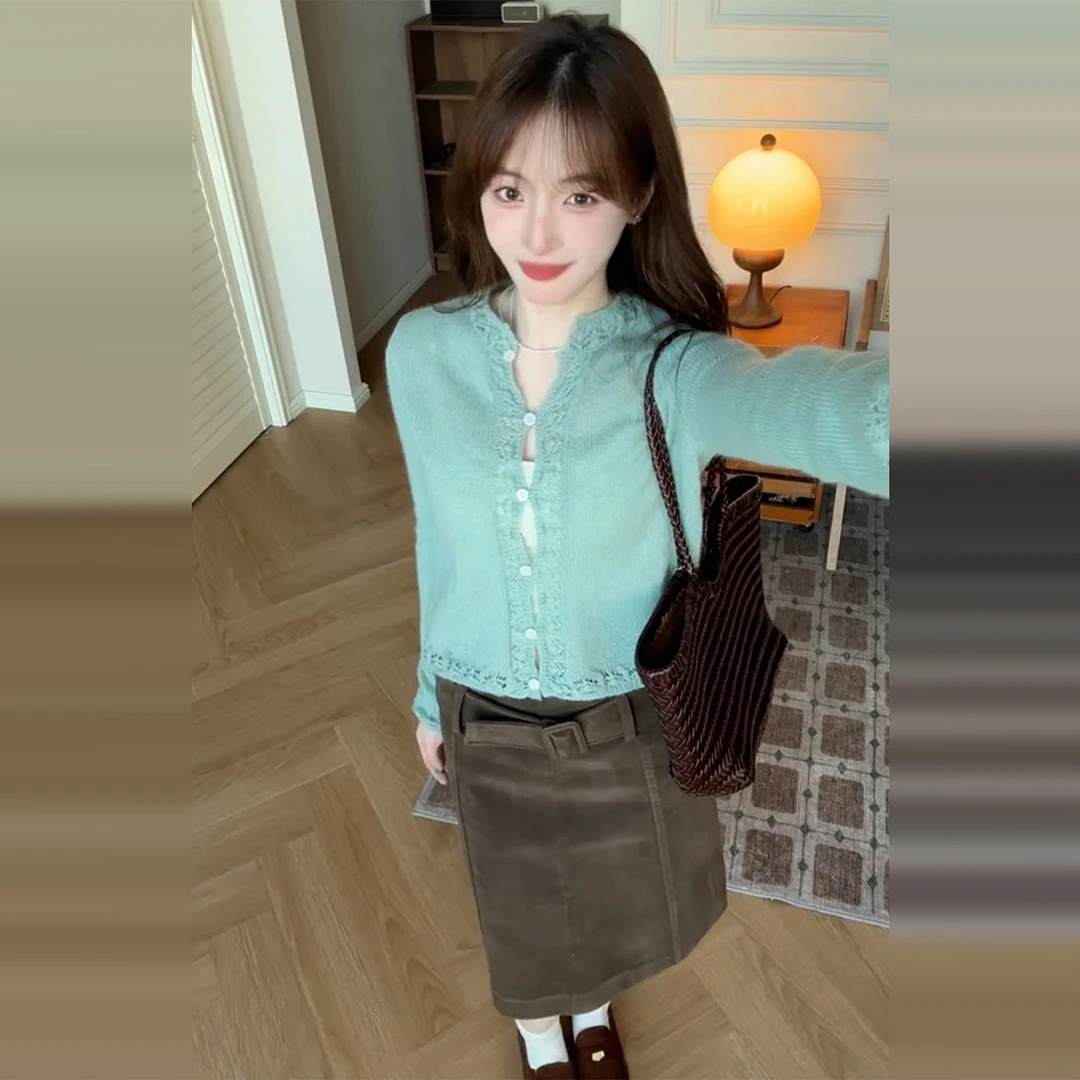 2026新款薄荷绿色针织衫长袖女早秋季韩系开衫外套高级感内搭上衣