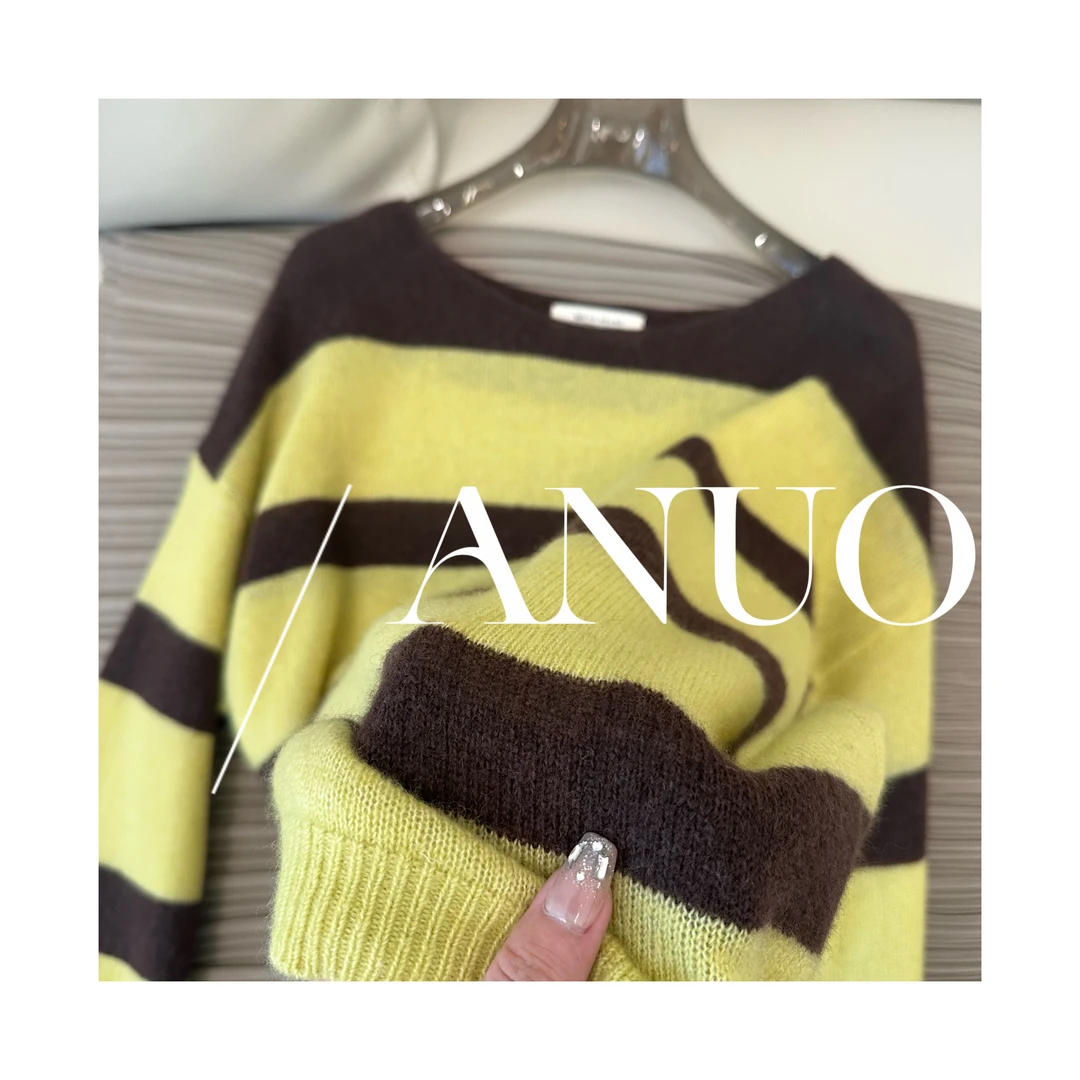 【冰淇淋咖条】阿诺 时尚条纹风山羊绒套头秋冬季女装慵懒风针织衫