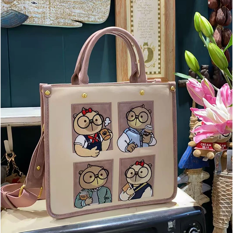 奶油熊新款法式托特手提包大容量卡通可爱房子包时尚复古印花通勤