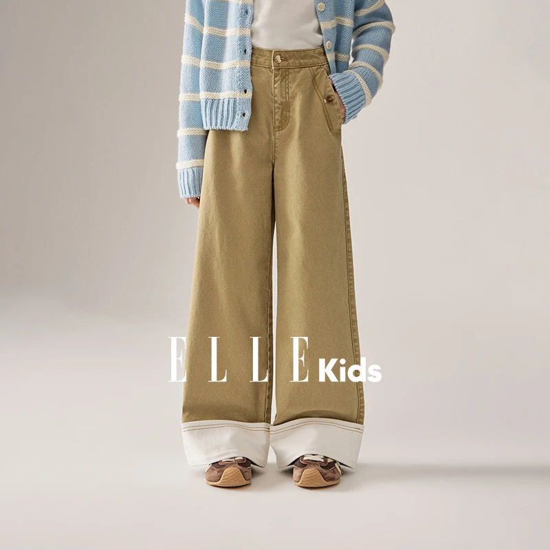 ELLE KIDS 童装休闲直筒撞色牛仔裤脚口翻边高腰显瘦复古亮色秋Q4
