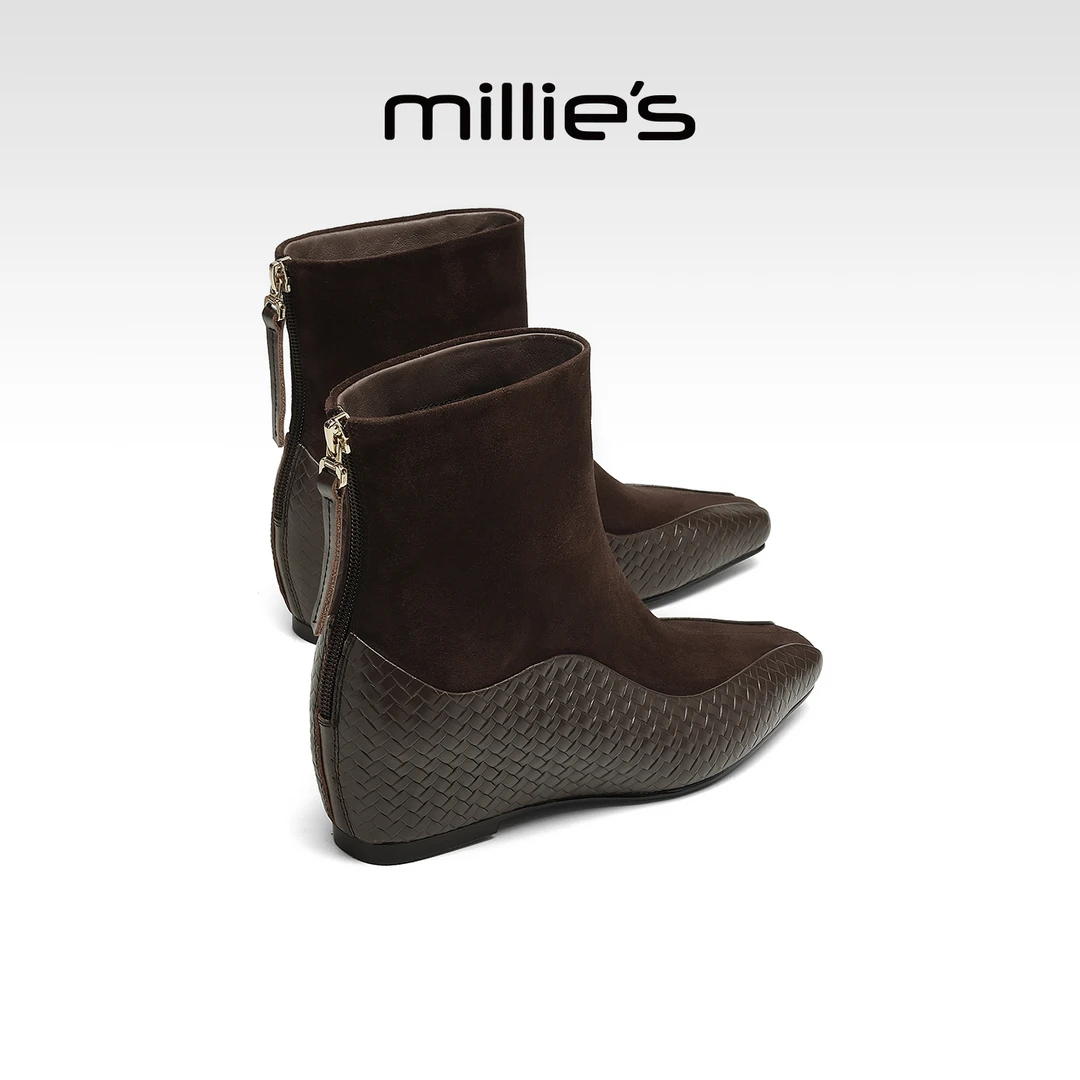 millies妙丽内增高短靴女鞋2025年秋冬季新款时尚百搭加绒时装靴