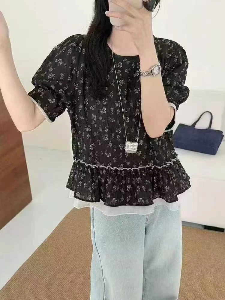 夏季法式碎花蕾丝百搭圆领上衣