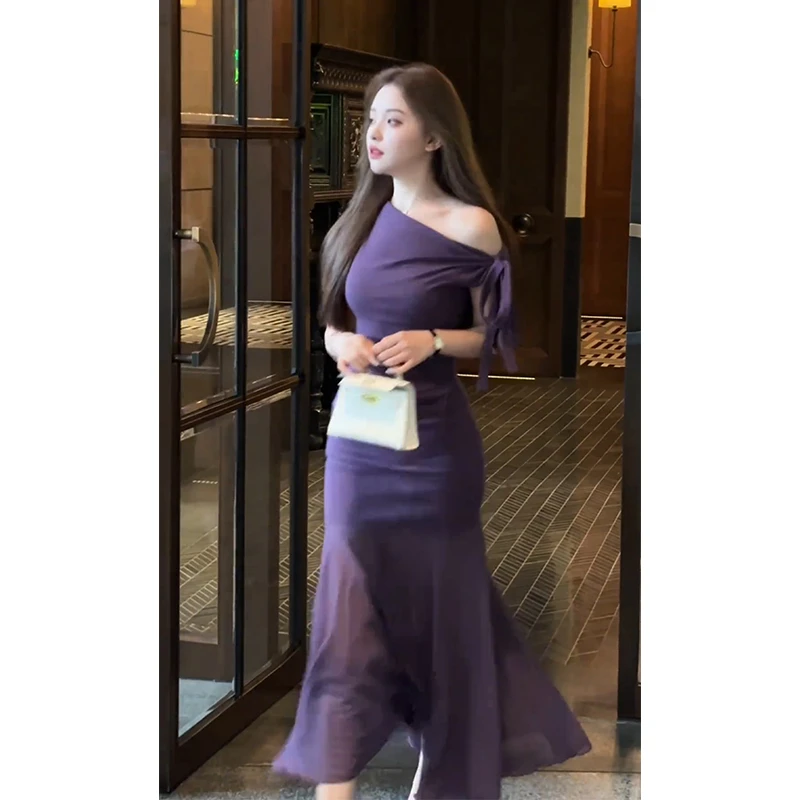 parkyeon韩系气质温柔风设计感露肩连衣裙女夏季新款纯欲性感长裙