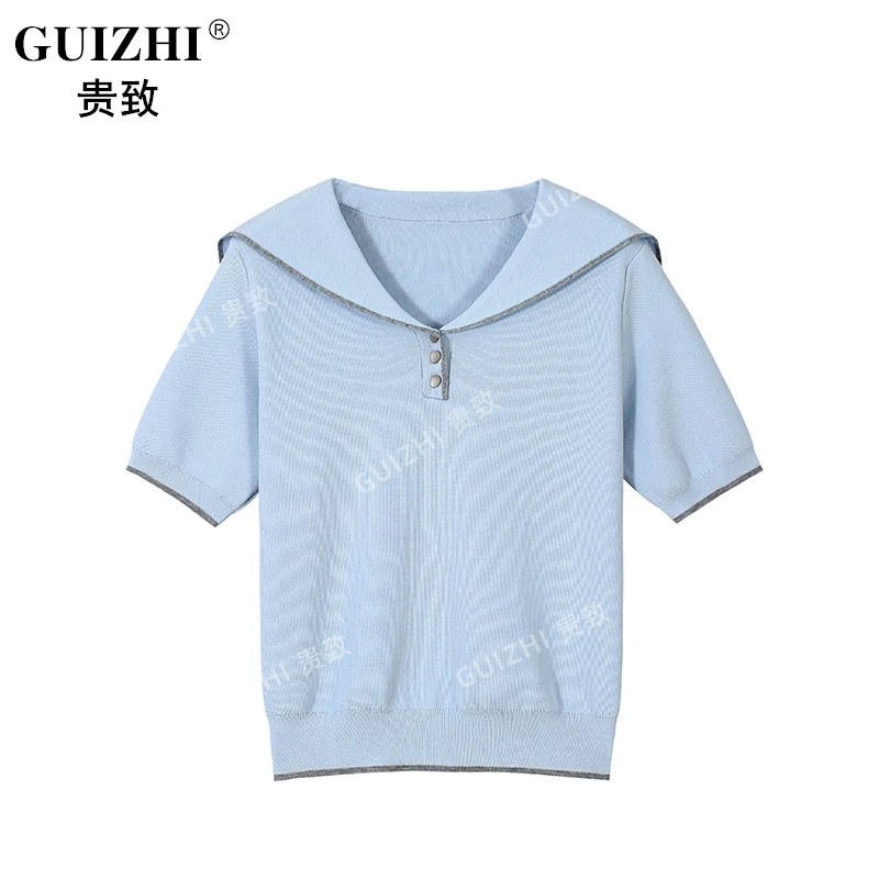 2025夏季新款时尚撞色减龄海军领显瘦短袖女气质减龄百搭针织T恤