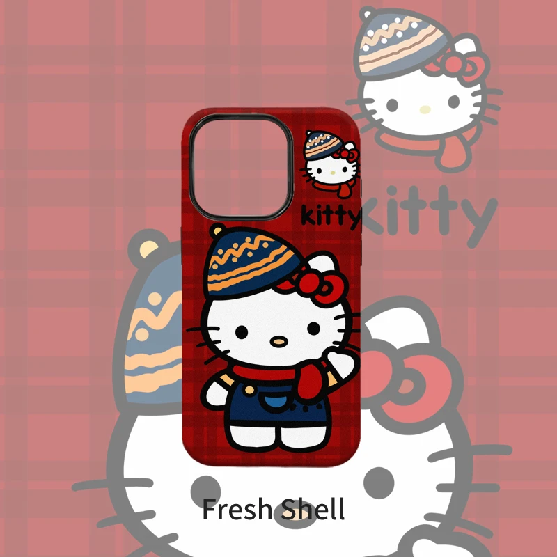 红色格纹KT猫磨砂菲林二合一适用苹果VIVO华为OPPO防摔卡通手机壳