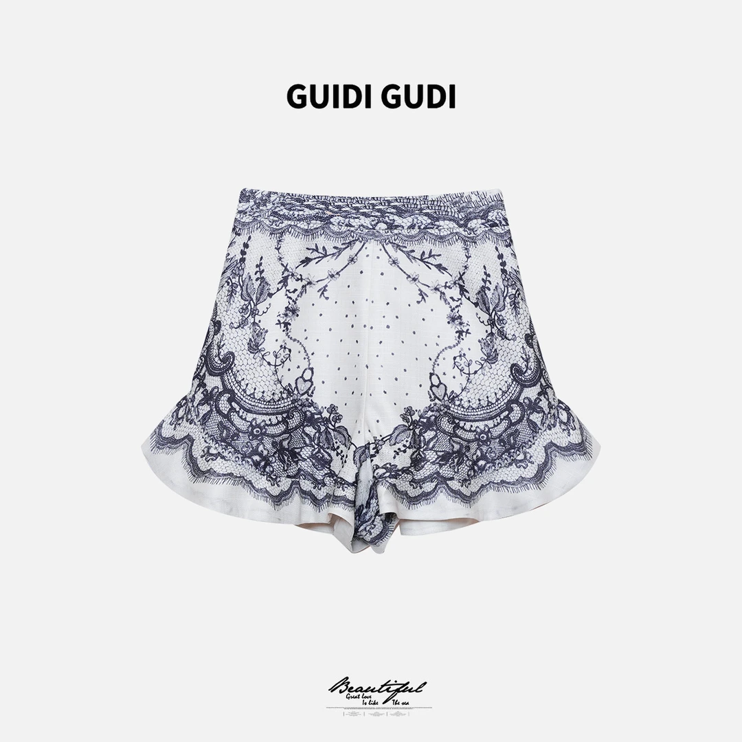 GUIDI GUDI【玄色】黄加蓝气质重工艺术感短裤