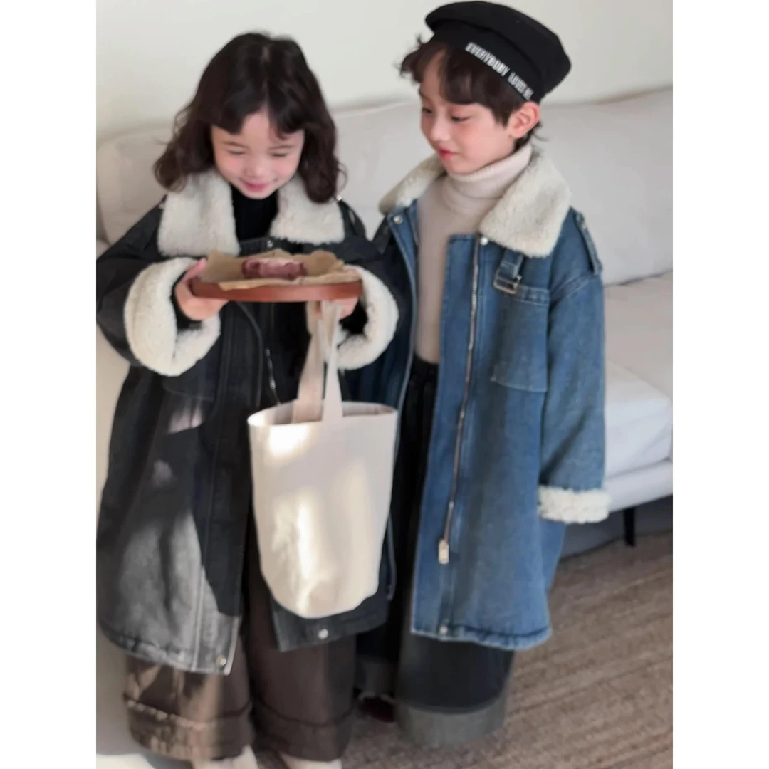 6-12岁潮款女童大衣男女童韩范加绒外套2025新款秋冬装儿童洋气时