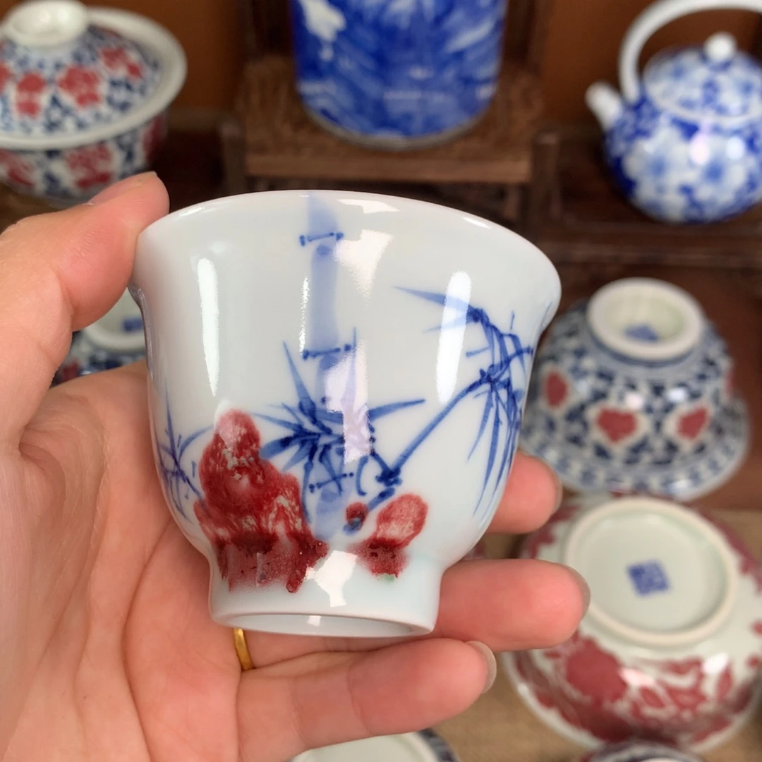 手工手绘青花釉里红铃铛杯