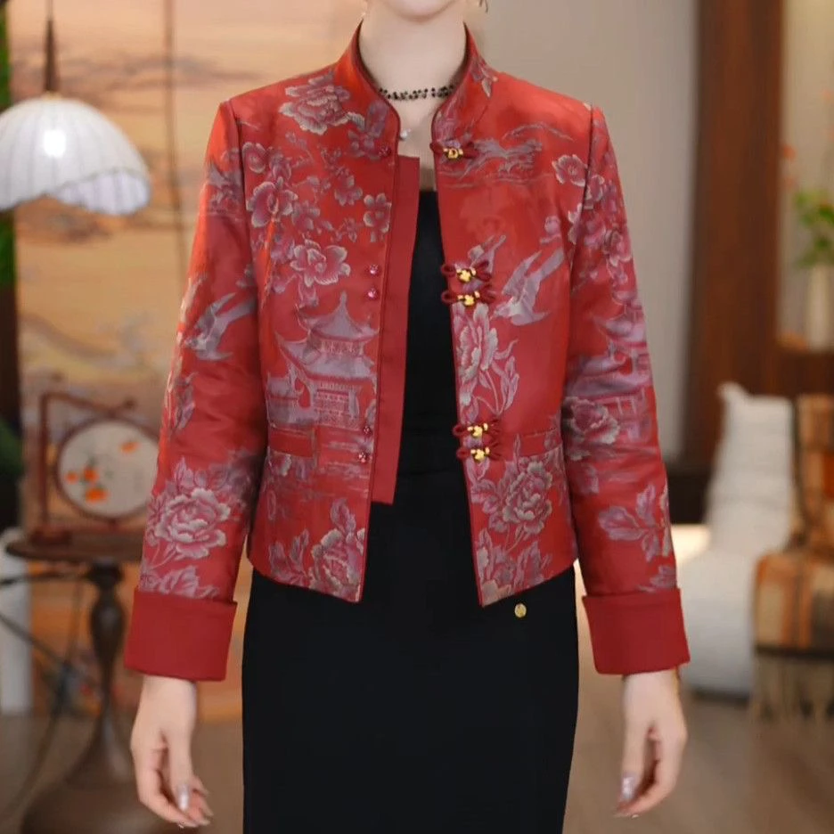 高级宋锦提花缎两穿中式鸭绒羽绒服2025冬季新款显瘦贵气保暖外套