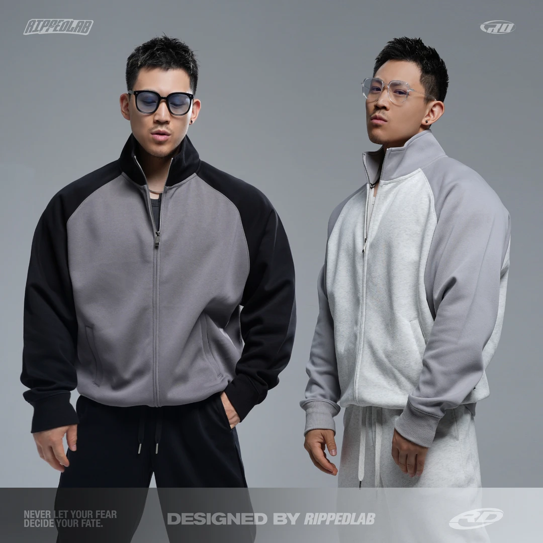 RIPPED撕裂组织开年新款运动健身休闲短宽插肩显壮拼色拉链卫衣