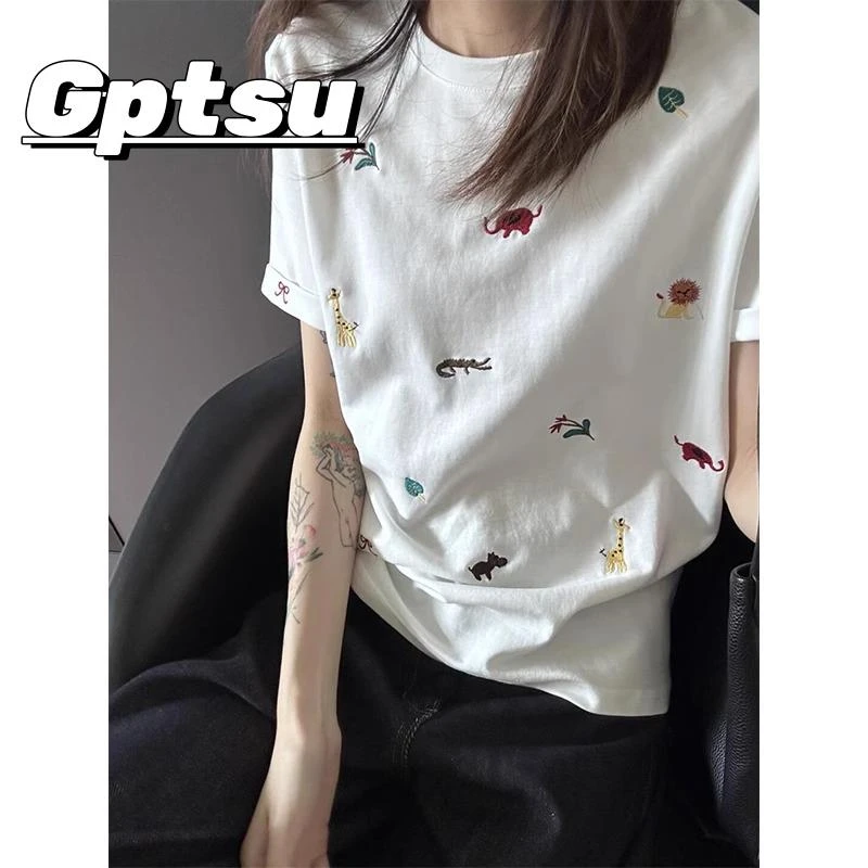 GPTSu美式可爱趣味动物刺绣正肩白色短袖t恤女夏季设计感小众上衣