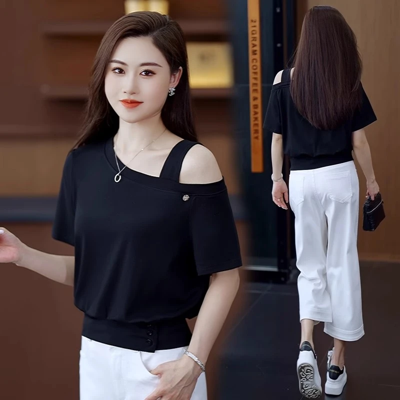 拉夏贝尔单肩短袖t恤女夏季2025新款小个子短款宽松时尚斜肩上衣