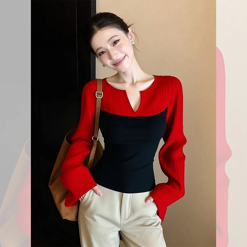 别致独特漂亮内搭V领小衫女装秋冬洋气高贵打底针织衫假两件上衣