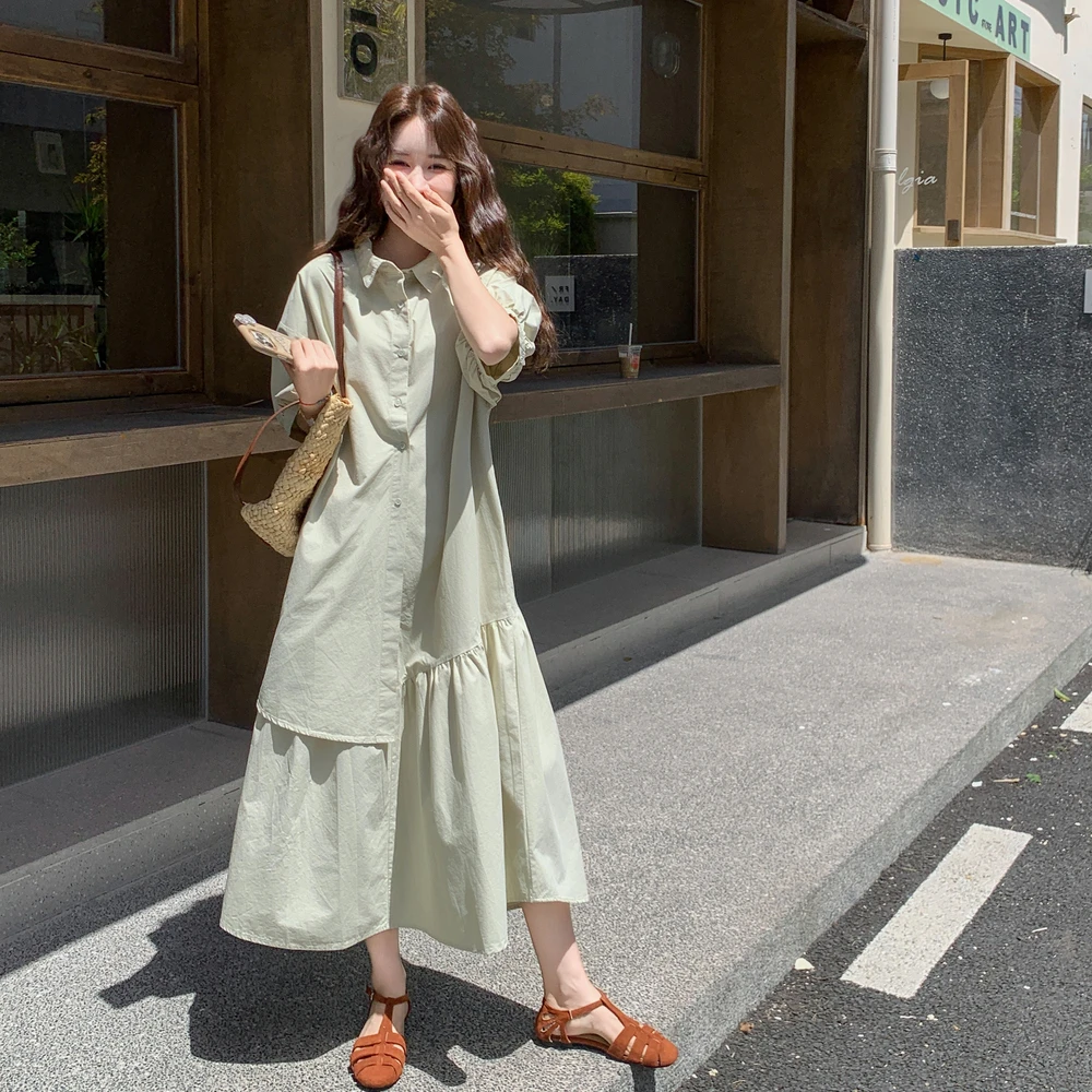 浅绿色连衣裙女2025夏季新款港风复古宽松休闲假两件不规则衬衫裙