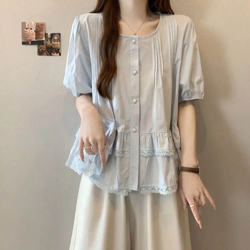 独特漂亮甜美蕾丝花边正肩显瘦上衣胖mm泡泡袖设计感小清新娃娃衫