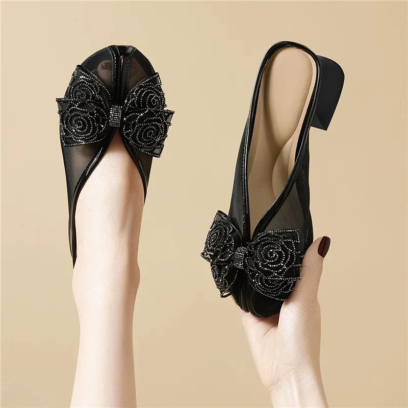 夏季透气网纱包头拖鞋外穿配裙子蝴蝶结中粗跟女鞋2025新款凉拖鞋