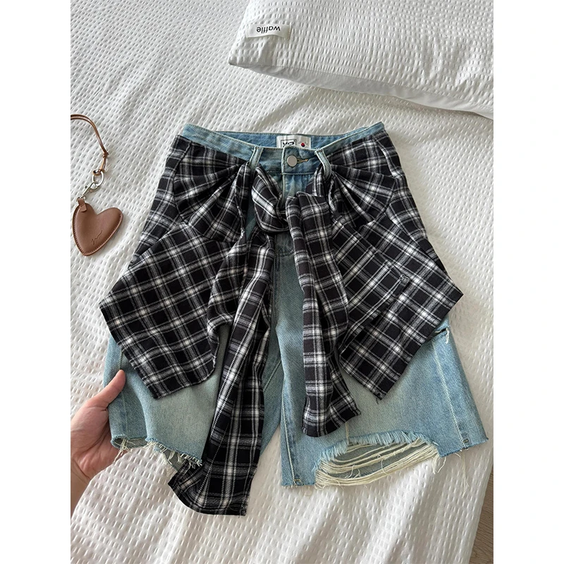 微胖mm做旧叠穿格子屁帘牛仔短裤女款夏季新款高腰复古两件套短裤