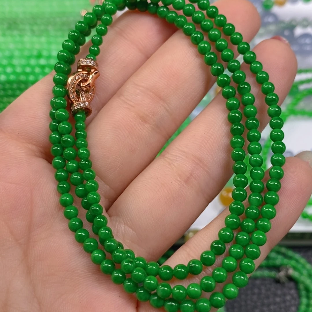 颈饰未镶嵌翡翠缅甸天然翡翠冰浓阳绿小米珠塔链3.3，3.7