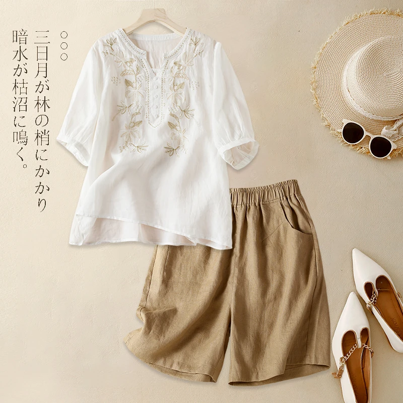高端亚麻棉麻衬衫女大码妈妈夏装时尚洋气苎麻短袖上衣短裤两件套