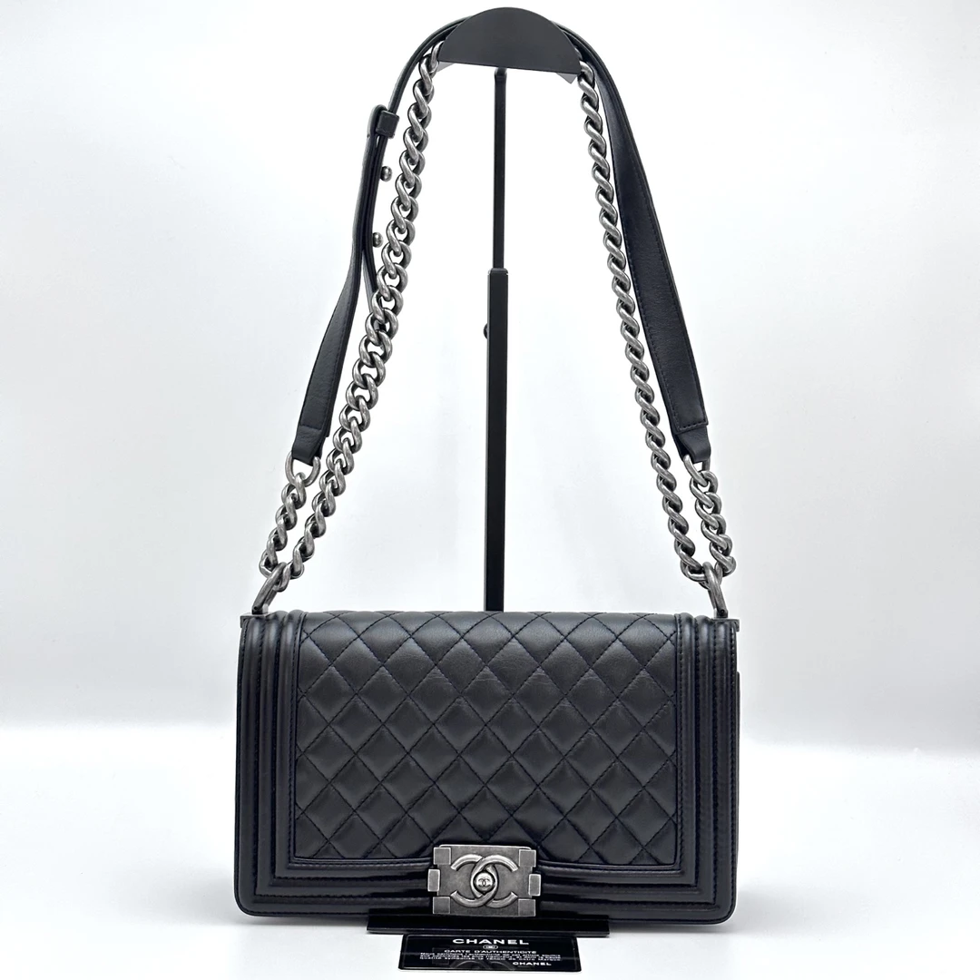 95新 Chanel/香奈儿 黑银Leboy中号单肩斜挎链条包 82004