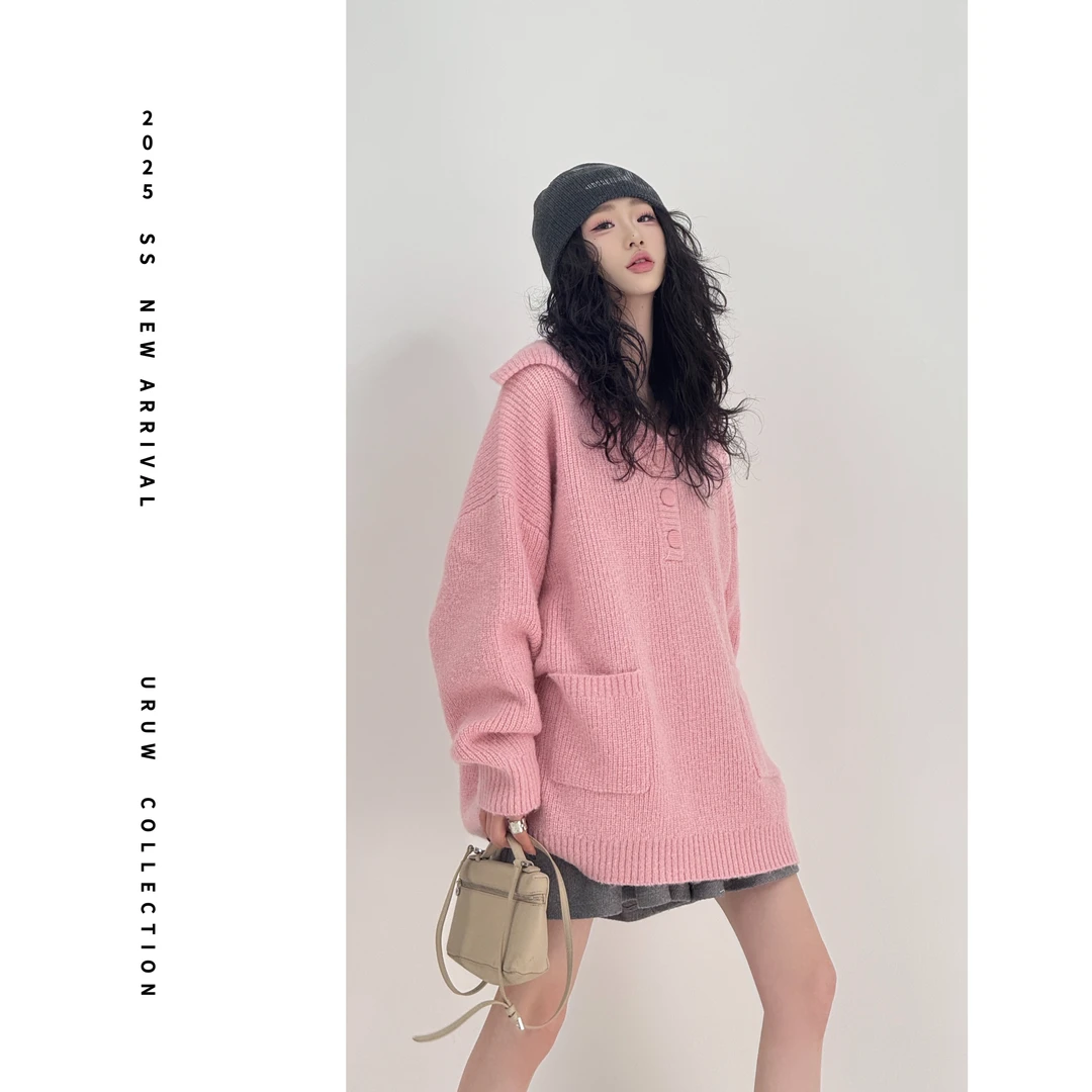 【颖子定制】梦幻画展~秋冬翻领针织毛衣女宽松时尚休闲上衣 6585