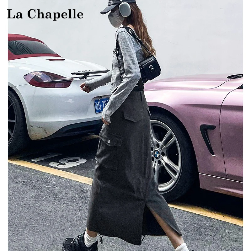 拉夏贝尔美式灰色工装高腰牛仔半身裙女2025春季新款显瘦半身裙子
