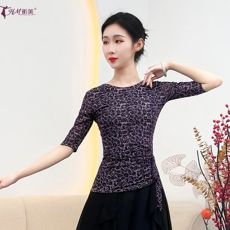 夏季新款豹纹圆领中袖古典舞练功服打底衫上衣女修身绑带现代舞服