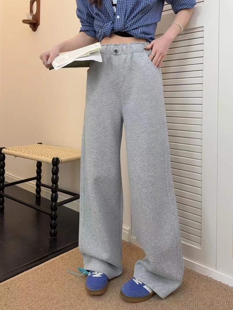 韩代款~春季高腰休闲直筒宽松运动阔腿女裤