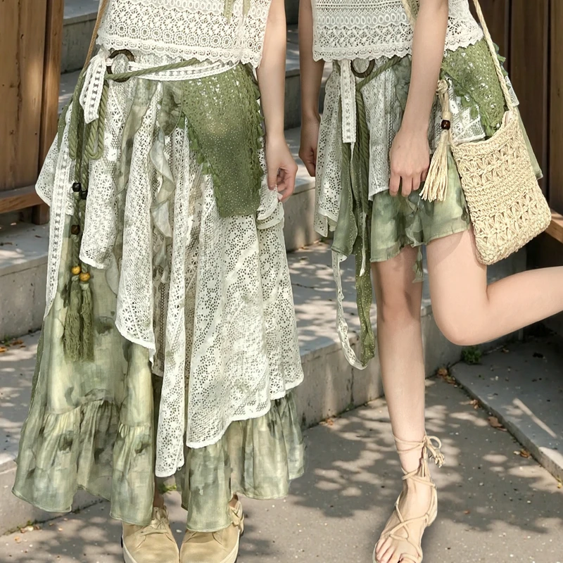 森女部落原创度假风裙子植物扎染蕾丝拼接半身裙