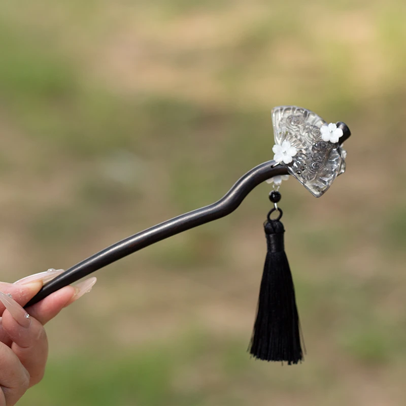 沉枝记原创中国风雕花玫瑰扇形流苏双面设计复古紫光檀发簪民族风