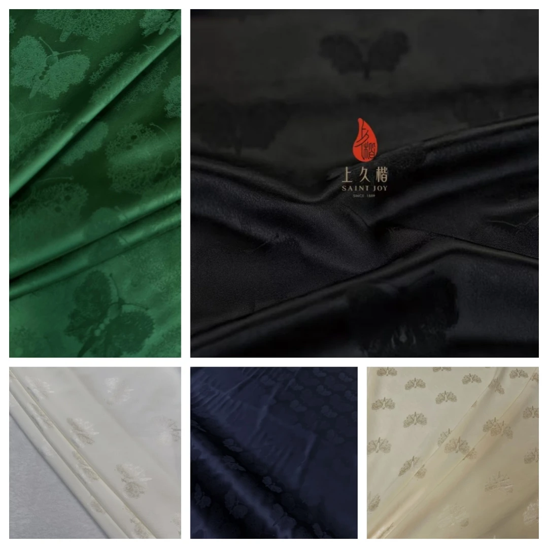 上久楷蝴蝶纹小重锻黑金蝴蝶弹力缎桑蚕丝布料面料旗袍新中式