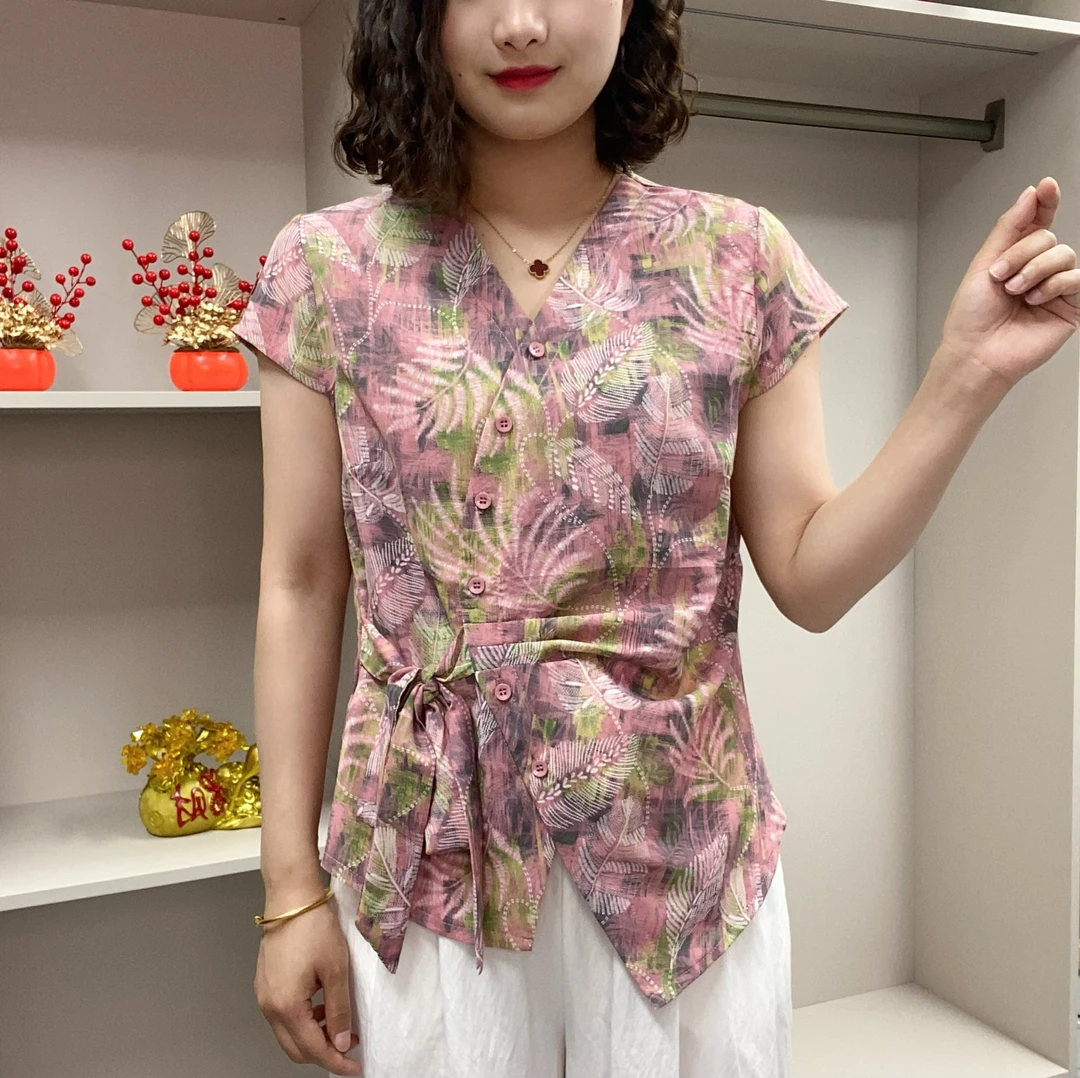 2025夏季气质时尚显瘦遮肉透气亲肤女士系绳V领短袖上衣0808