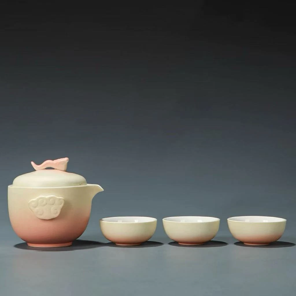 台湾路宝釉蜜桃粉手抓宝瓶旅行茶具套装ZH757