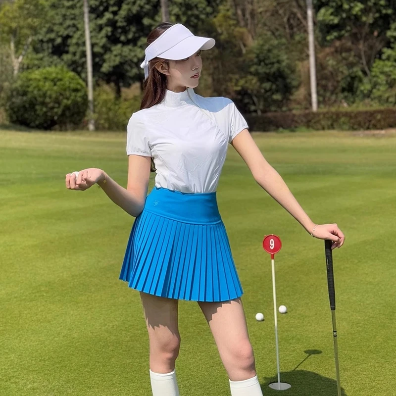 高尔夫服装女款夏季速干短袖透气百褶裙运动休闲时尚球衣高领上衣