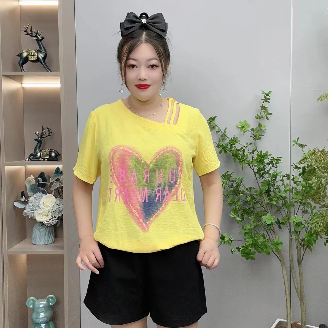 凉爽夏季心动褶皱宽松斜肩青春休闲2025印花显瘦百搭时尚T恤