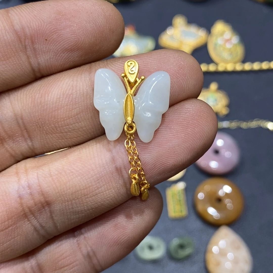 和田玉颈饰银S925镀金镶嵌