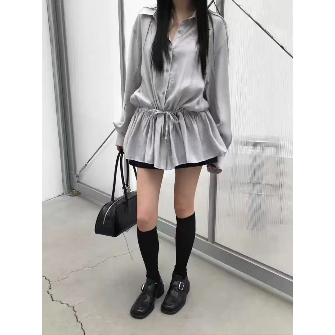 韩单 PA*O 翻领简约洋气收腰抽绳衬衫清冷感气质显瘦暗纹条纹长袖