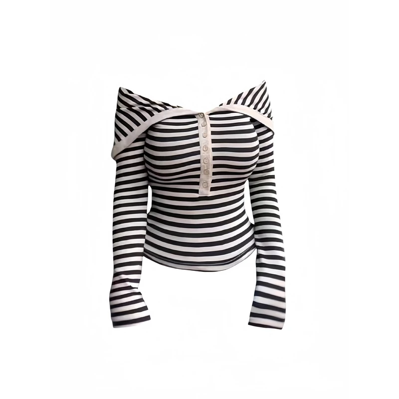 微胖mm纯欲辣妹条纹长袖翻领T恤打底衫女秋冬修身显瘦一字肩上衣