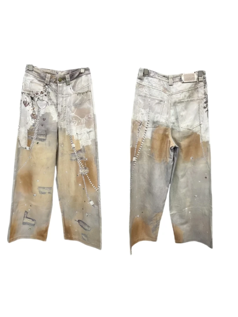 【安-梦境裤 】手绘印花牛仔裤重工蕾丝链条印花牛仔长裤休闲裤