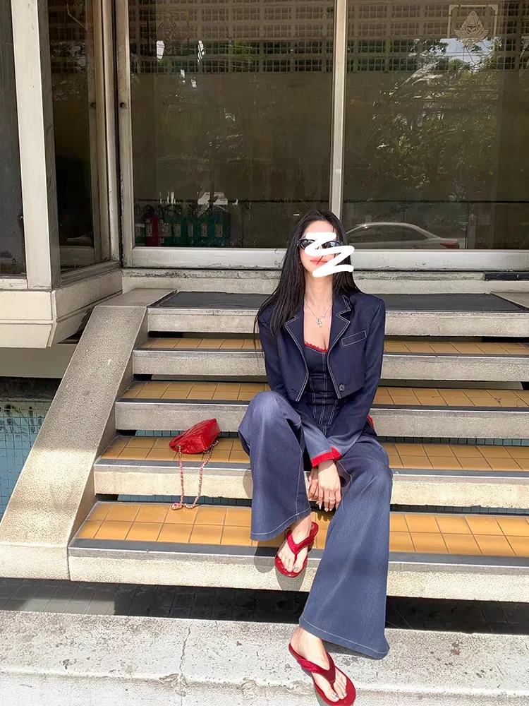 萌萌拼接花边领收腰吊带外披阔腿裤新款显瘦宽松大码女装699395