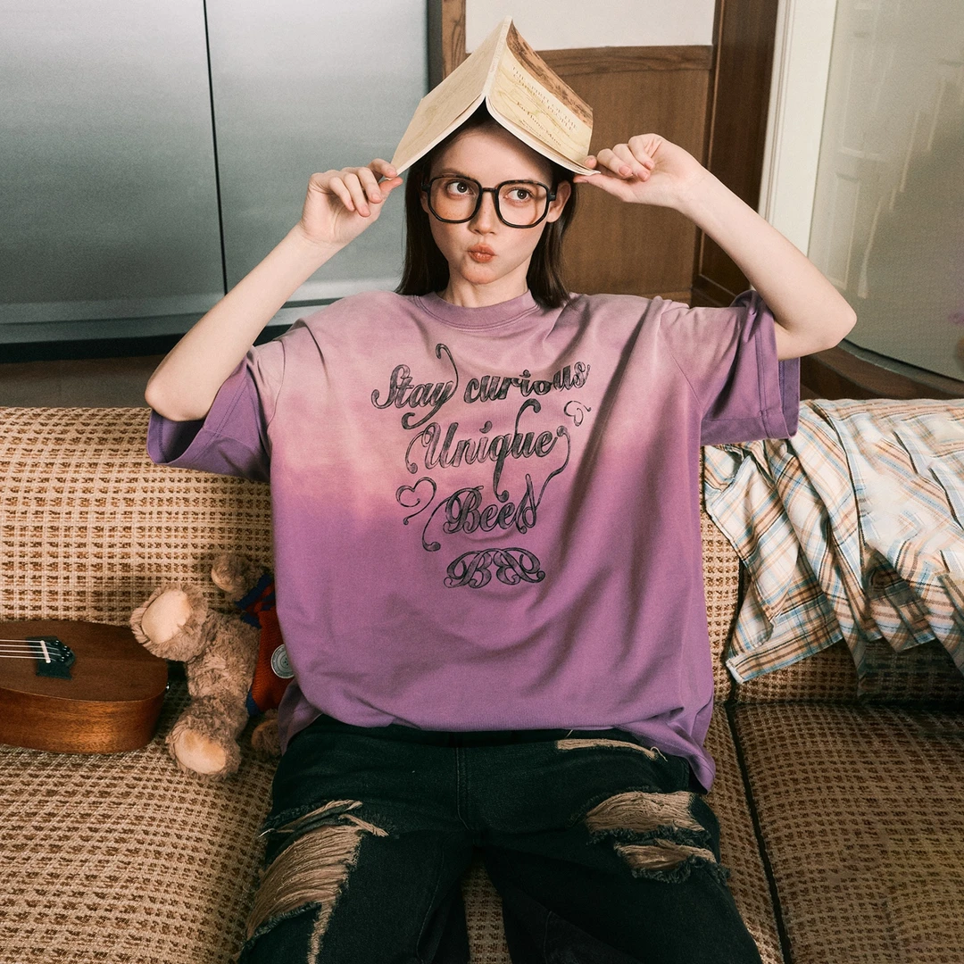 BEETLE TOWN水洗渐变做旧T恤女美式复古宽松夏季新款短袖t上衣潮