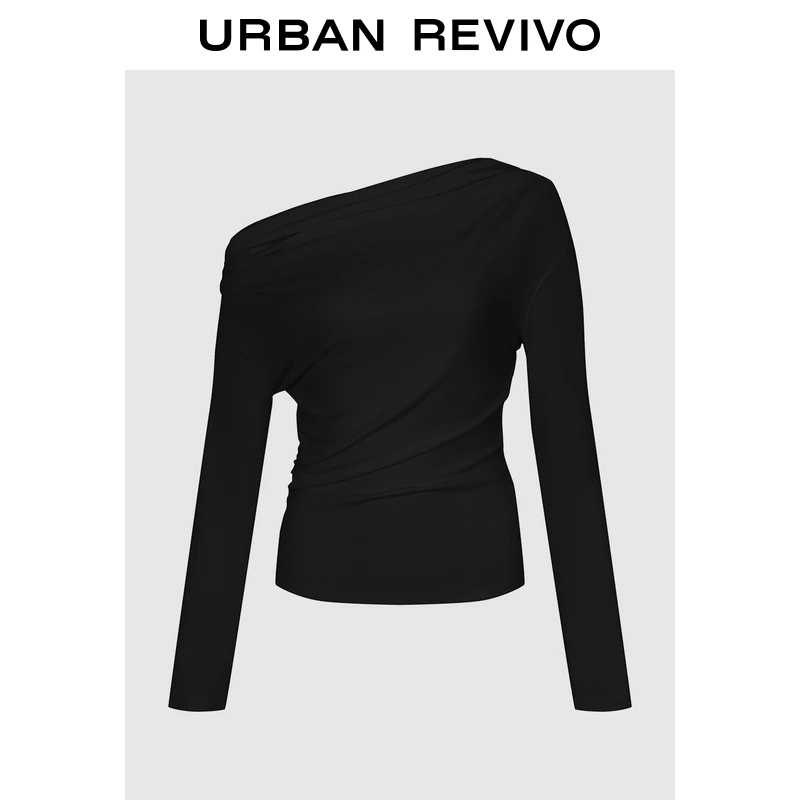 UR2026春季新款女装时髦气质斜肩领褶皱长袖T恤UWG450216