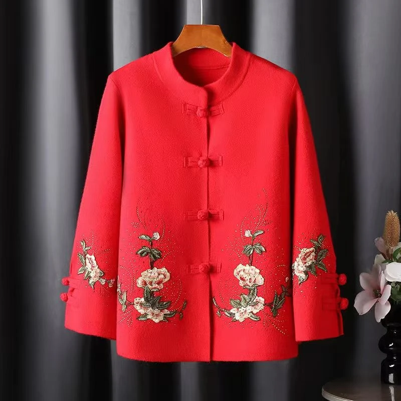 民族风加厚绣花复古中式中老年妈妈装针织长袖外套