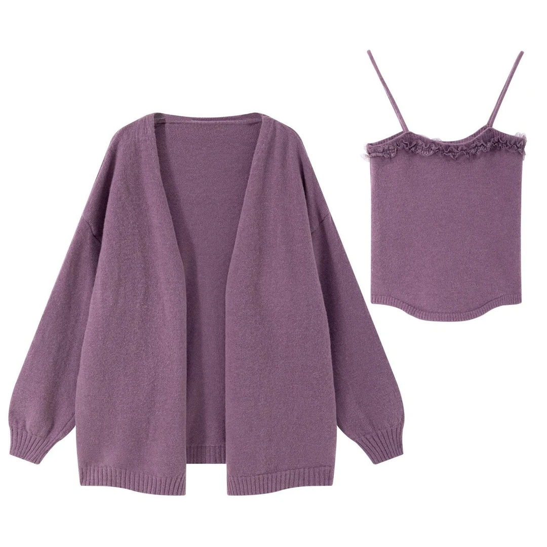 韩版慵懒风时尚气质花边吊带背心开衫百搭针织衫毛衣外套两件套