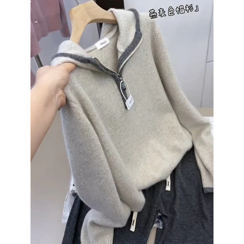 大码韩系慵懒风半开领针织衫女秋季2025新款宽松百搭胖MM显瘦毛衣